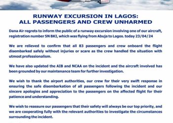 Dana Air’s Statement Following Runway Excursion In Lagos Airport.