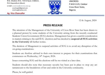 UNICROSS Mgt Orders Suspension Of SUG Activities