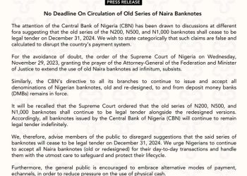 Old Naira Note Still In Circulation -CBN